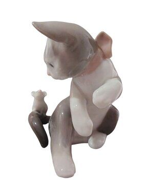 Lladro Cat and Mouse Porcelain Figurine, Kitten, 3", Gray White Pink Bow, Spain